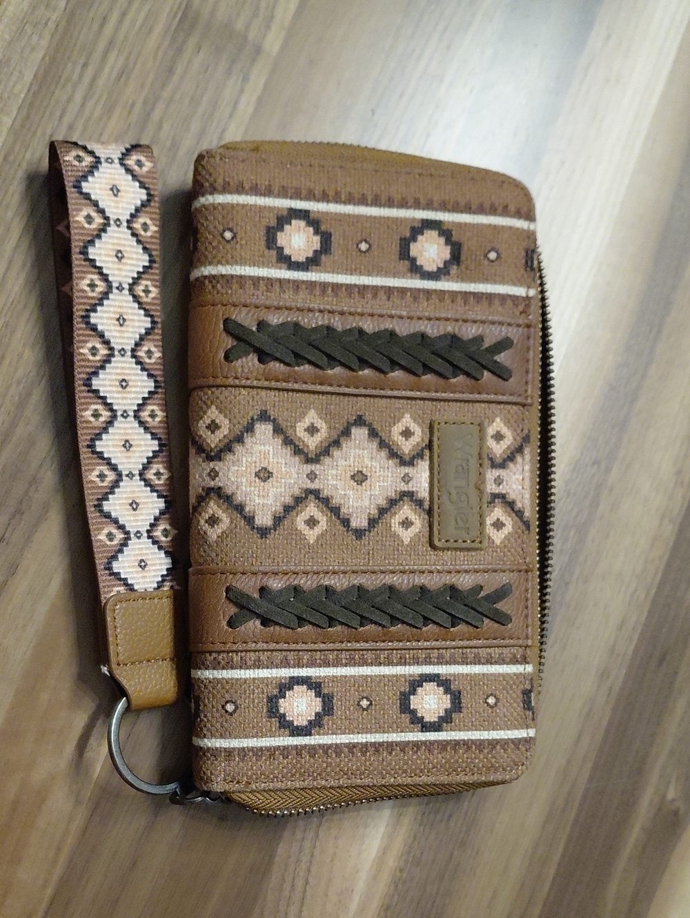 Stylish Brown Southwestern Wrangler Zip Wristlet Wallet, Brand New